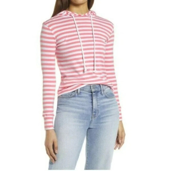 Caslon Hoodie Women Sm White Pink Flamingo Charm Striped Knit Drawstring Stretch - Picture 1 of 12